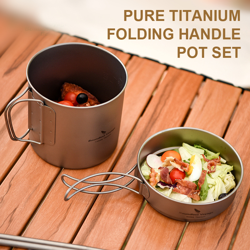 Camping Cooking Utensil Set - Pure Titanium Folding Handle Pot Set,Ultra