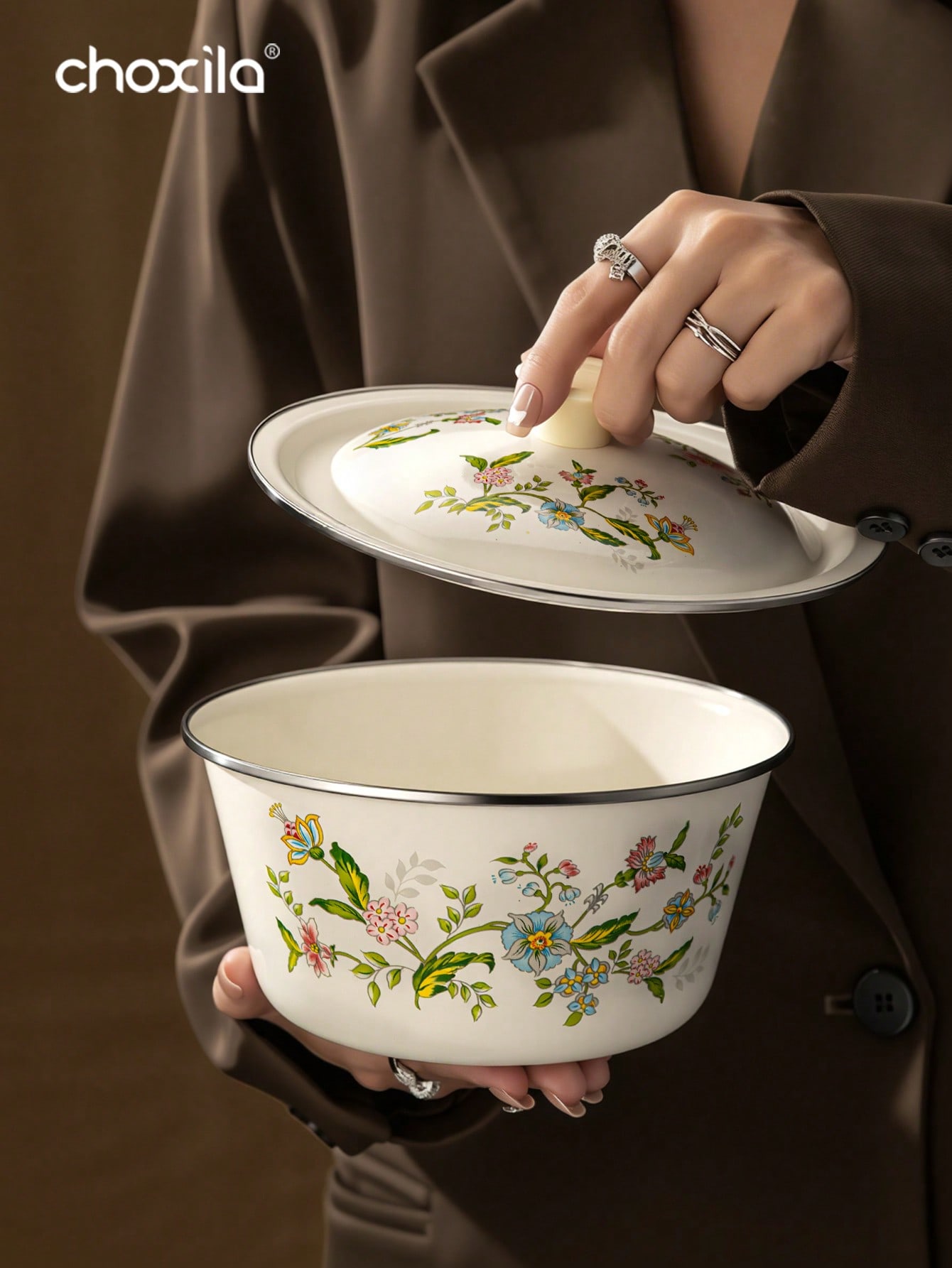 Camping Cooking Materials - 1pc Enamel-Patterned Rice Bowls With LIDS,