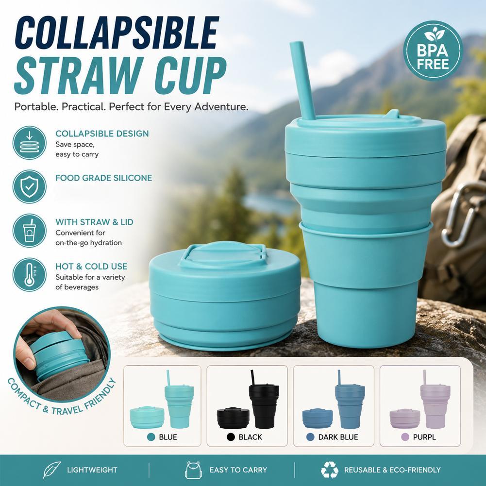 Camping Cooking Mug - Collapsible Silicone Coffee Cup with Straw